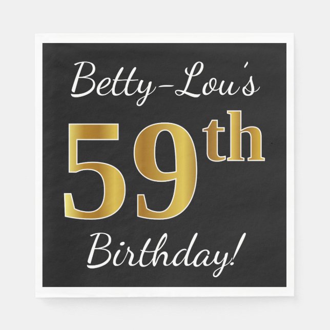 Black, Faux Gold 59th Birthday + Custom Name Napkin (Front)