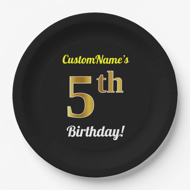 Black, Faux Gold 5th Birthday + Custom Name Paper Plate (Front)
