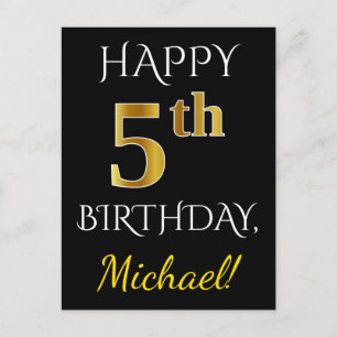 Black, Faux Gold 5th Birthday + Custom Name Postcard