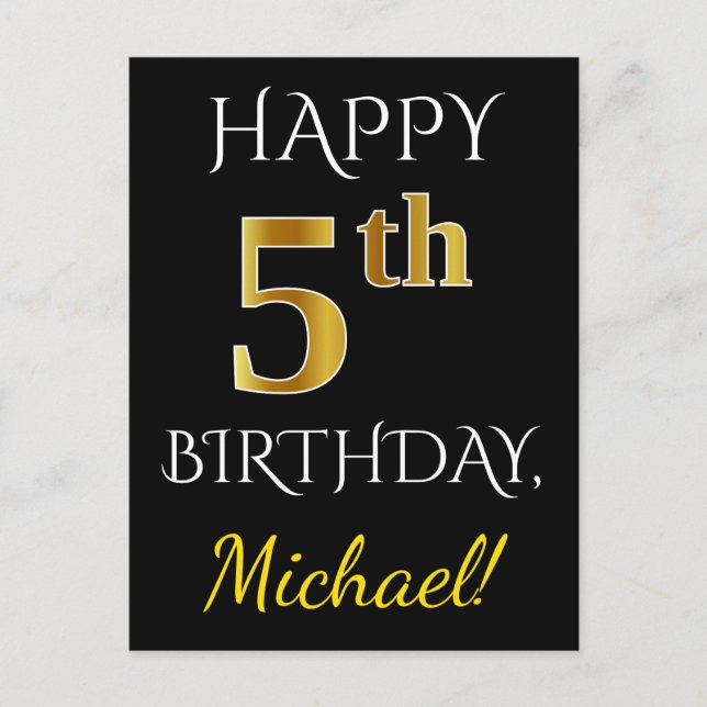 Black, Faux Gold 5th Birthday + Custom Name Postcard (Front)