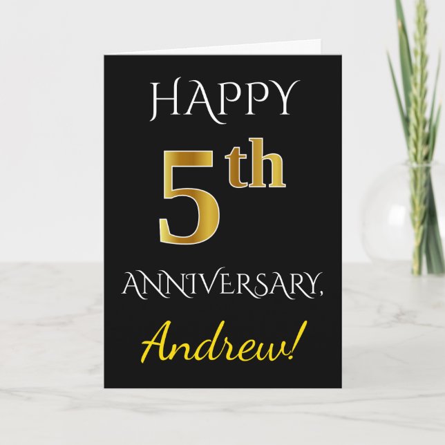 Black, Faux Gold 5th Wedding Anniversary + Name Card (Front)