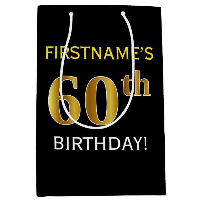Black, Faux Gold 60th Birthday + Custom Name Medium Gift Bag (Front)
