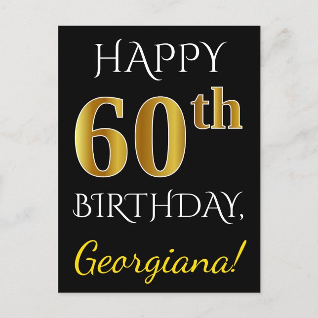 Black, Faux Gold 60th Birthday + Custom Name Postcard (Front)