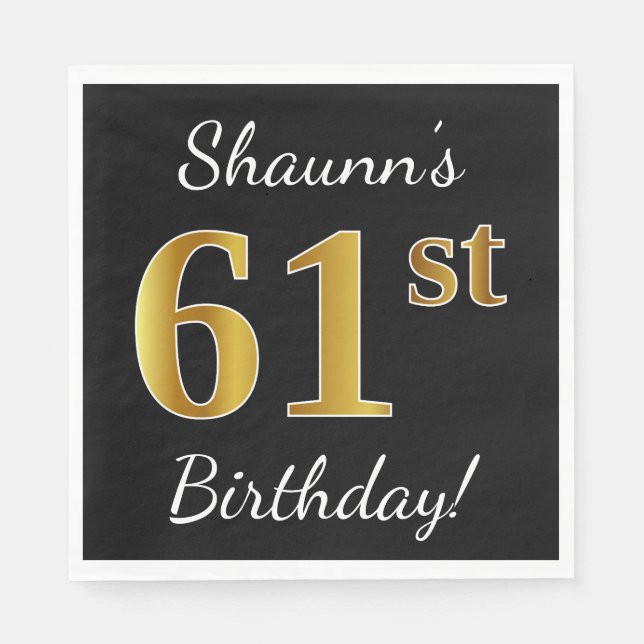Black, Faux Gold 61st Birthday + Custom Name Napkin (Front)