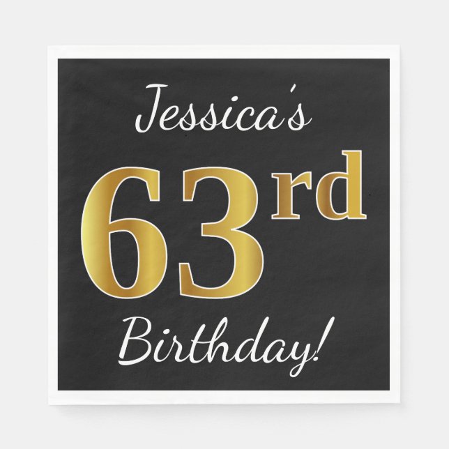 Black, Faux Gold 63rd Birthday + Custom Name Napkin (Front)