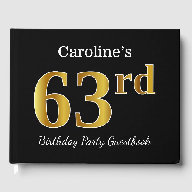 Black, Faux Gold 63rd Birthday Party + Custom Name Guest Book (Front)