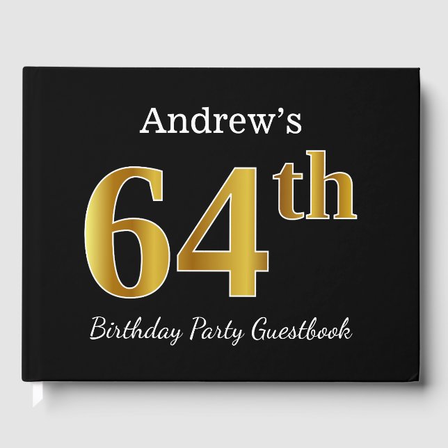 Black, Faux Gold 64th Birthday Party + Custom Name Guest Book (Front)