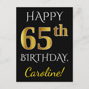 Black, Faux Gold 65th Birthday + Custom Name Postcard