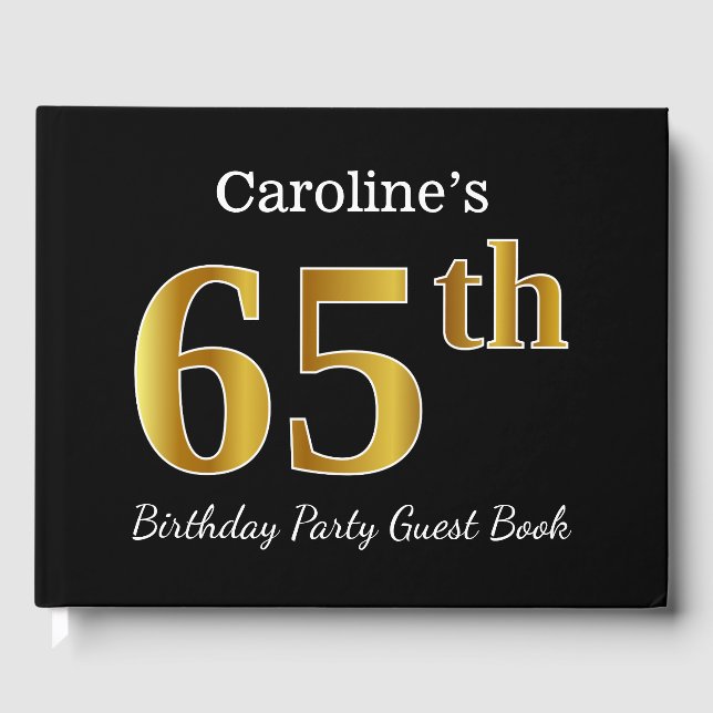 Black, Faux Gold 65th Birthday Party + Custom Name Guest Book (Front)