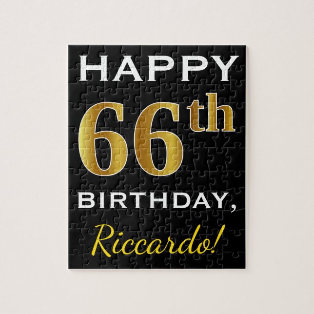 Black, Faux Gold 66th Birthday + Custom Name Jigsaw Puzzle (Vertical)