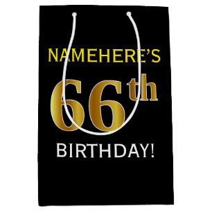 Black, Faux Gold 66th Birthday + Custom Name Medium Gift Bag
