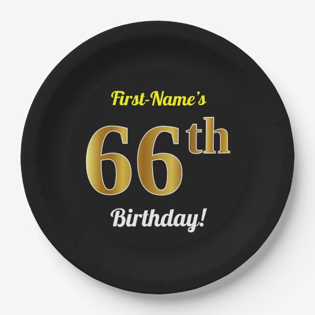 Black, Faux Gold 66th Birthday + Custom Name Paper Plate (Front)