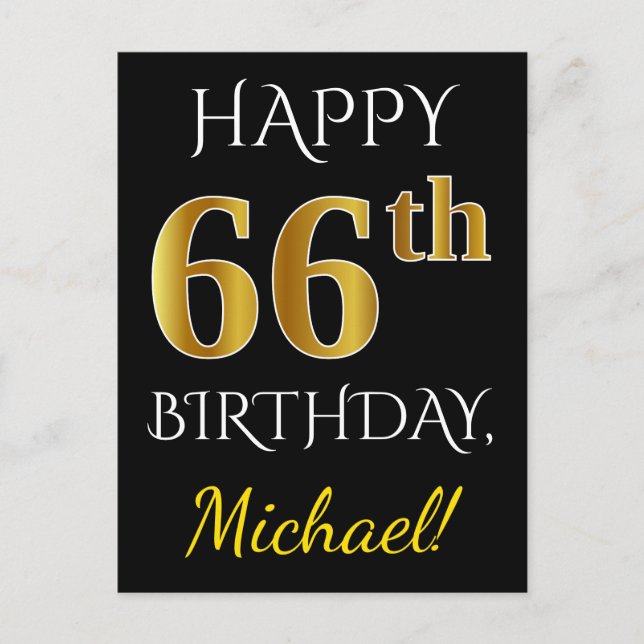Black, Faux Gold 66th Birthday + Custom Name Postcard (Front)