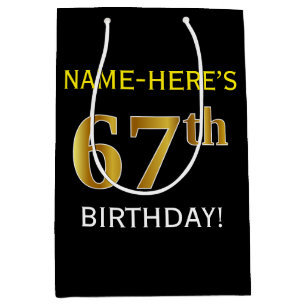 Black, Faux Gold 67th Birthday + Custom Name Medium Gift Bag