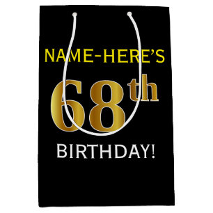Black, Faux Gold 68th Birthday + Custom Name Medium Gift Bag