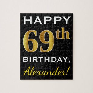 Black, Faux Gold 69th Birthday + Custom Name Jigsaw Puzzle