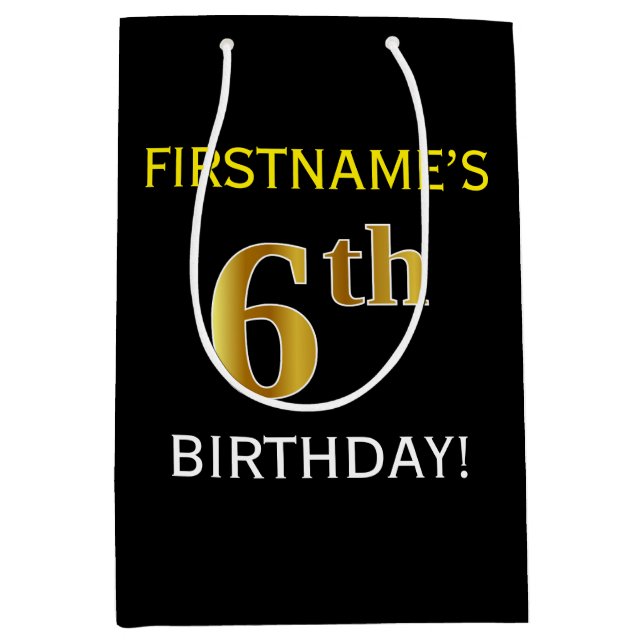 Black, Faux Gold 6th Birthday + Custom Name Medium Gift Bag (Front)