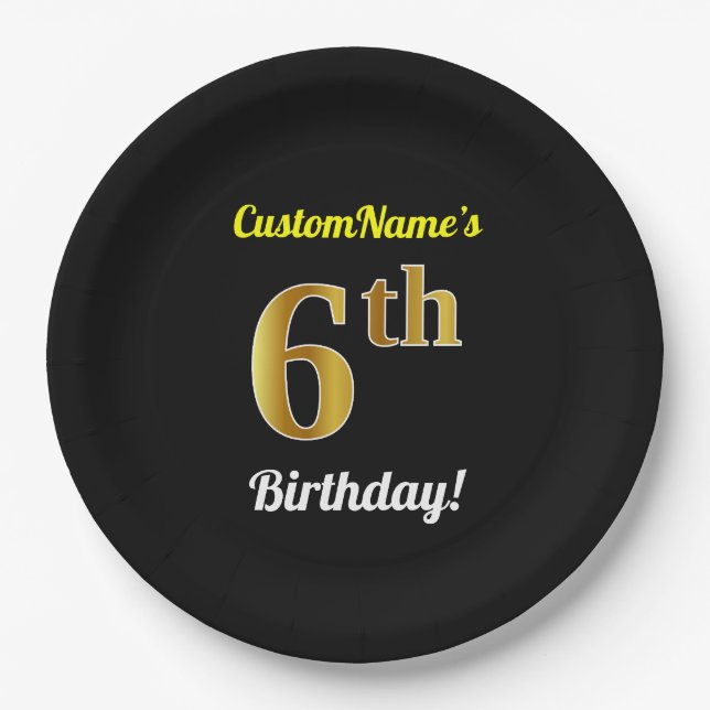 Black, Faux Gold 6th Birthday + Custom Name Paper Plate (Front)