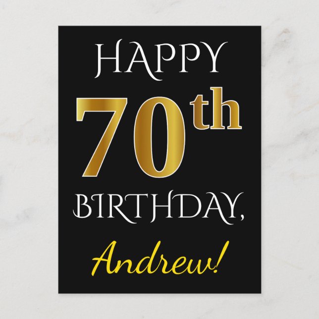 Black, Faux Gold 70th Birthday + Custom Name Postcard (Front)