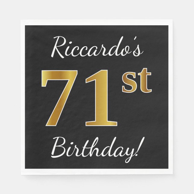 Black, Faux Gold 71st Birthday + Custom Name Napkin (Front)