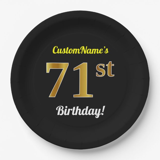 Black, Faux Gold 71st Birthday + Custom Name Paper Plate (Front)