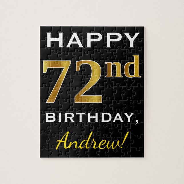 Black, Faux Gold 72nd Birthday + Custom Name Jigsaw Puzzle (Vertical)