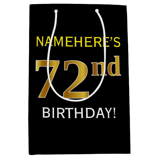 Black, Faux Gold 72nd Birthday + Custom Name Medium Gift Bag (Front)