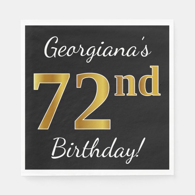 Black, Faux Gold 72nd Birthday + Custom Name Napkin (Front)