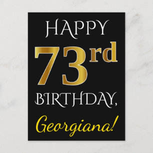Black, Faux Gold 73rd Birthday + Custom Name Postcard