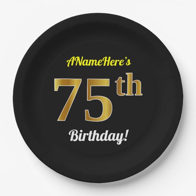 Black, Faux Gold 75th Birthday + Custom Name Paper Plate (Front)