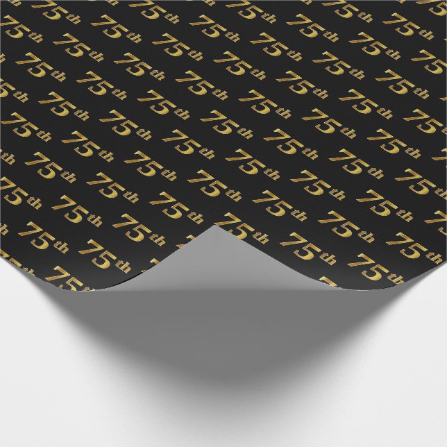 Black, Faux Gold 75th (Seventy-Fifth) Event Wrapping Paper (Corner)
