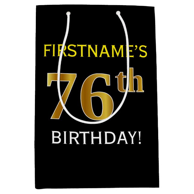 Black, Faux Gold 76th Birthday + Custom Name Medium Gift Bag (Front)