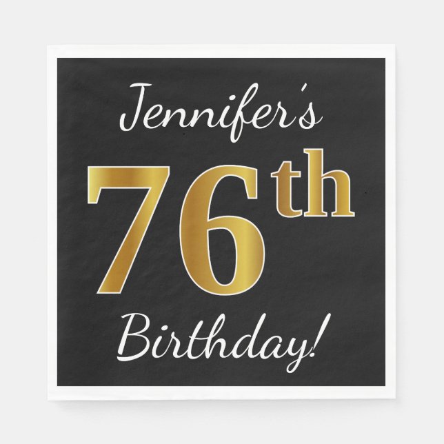 Black, Faux Gold 76th Birthday + Custom Name Napkin (Front)