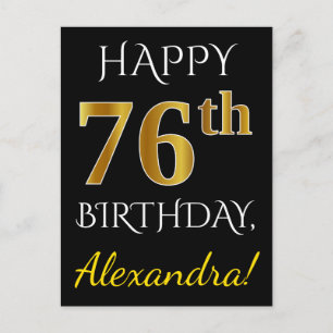 Black, Faux Gold 76th Birthday + Custom Name Postcard