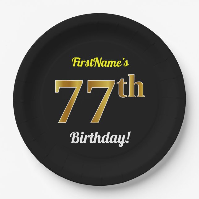 Black, Faux Gold 77th Birthday + Custom Name Paper Plate (Front)
