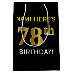 Black, Faux Gold 78th Birthday + Custom Name Medium Gift Bag