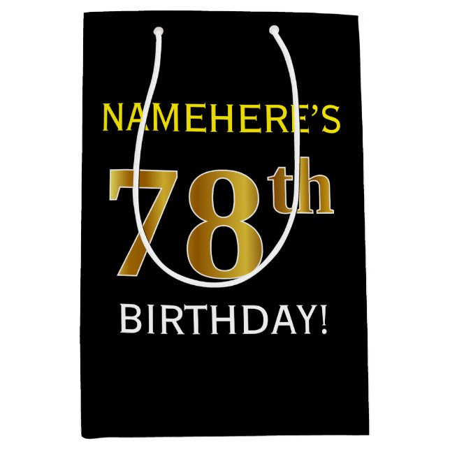 Black, Faux Gold 78th Birthday + Custom Name Medium Gift Bag (Front)