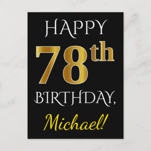 Black, Faux Gold 78th Birthday + Custom Name Postcard