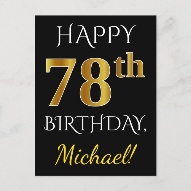 Black, Faux Gold 78th Birthday + Custom Name Postcard (Front)