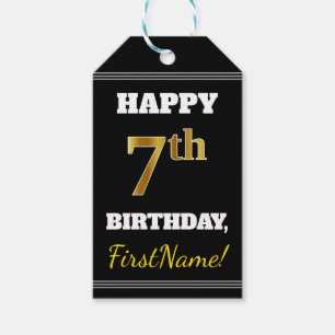 Black, Faux Gold 7th Birthday + Custom Name Gift Tags