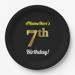 Black, Faux Gold 7th Birthday + Custom Name Paper Plate