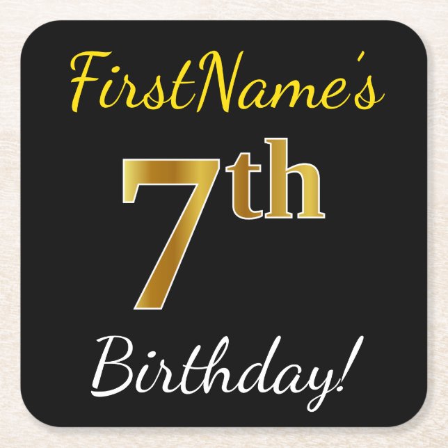 Black, Faux Gold 7th Birthday + Custom Name Square Paper Coaster (Front)