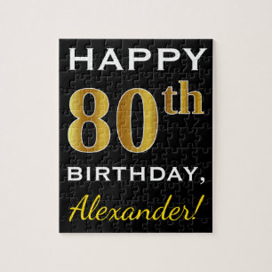 Black, Faux Gold 80th Birthday + Custom Name Jigsaw Puzzle