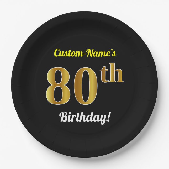 Black, Faux Gold 80th Birthday + Custom Name Paper Plate (Front)