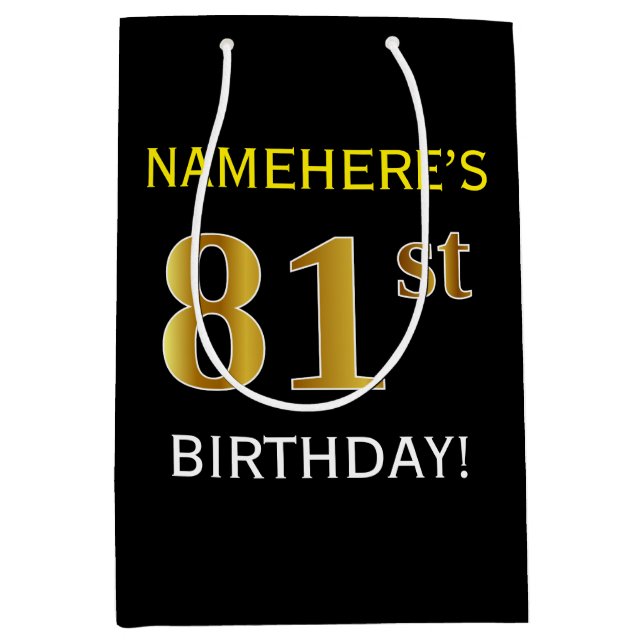 Black, Faux Gold 81st Birthday + Custom Name Medium Gift Bag (Front)