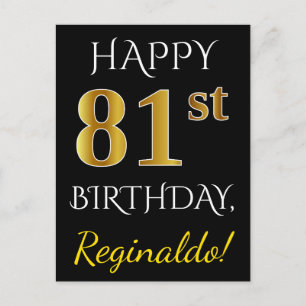 Black, Faux Gold 81st Birthday + Custom Name Postcard
