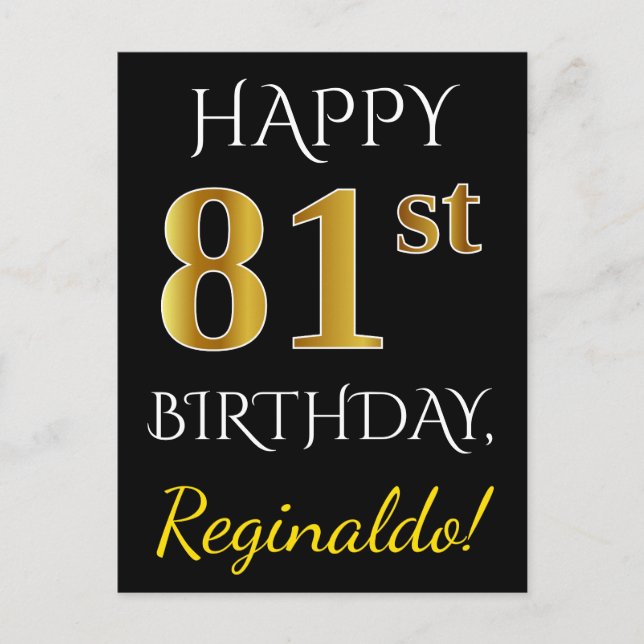 Black, Faux Gold 81st Birthday + Custom Name Postcard (Front)