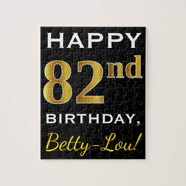 Black, Faux Gold 82nd Birthday + Custom Name Jigsaw Puzzle (Vertical)