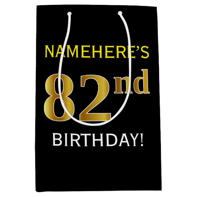 Black, Faux Gold 82nd Birthday + Custom Name Medium Gift Bag (Front)