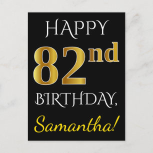 Black, Faux Gold 82nd Birthday + Custom Name Postcard